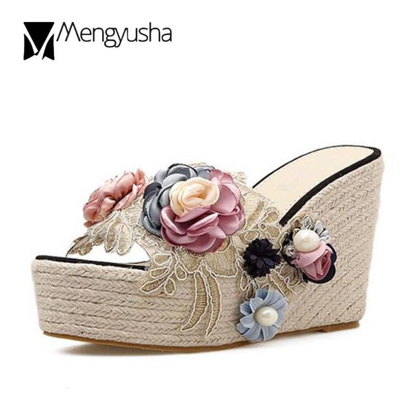 

exquisite floral transparent slides embroider platform sandals summer wedges shoes woman flipflops flower pearl sandalias mujer, Black