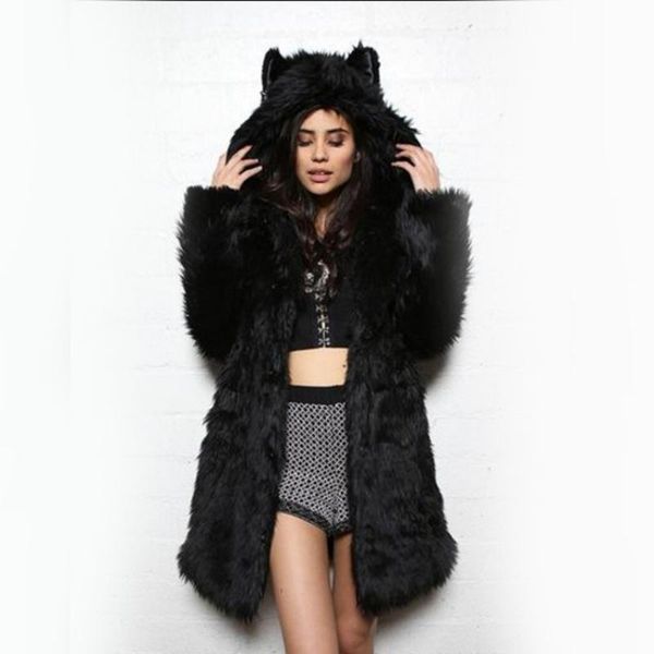 

women's fur & faux gamporl coat plus size hooded fluffy dress with ears winter black fashion clothes elegant ladies long