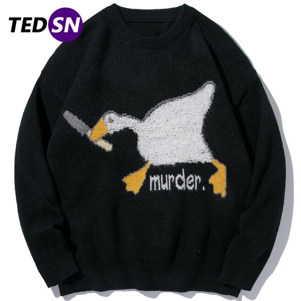 

tedsn 2021 winter duck cartoon printed sweaters harajuku korean style men knitted sweater murder oversize pullovers clothing, White;black