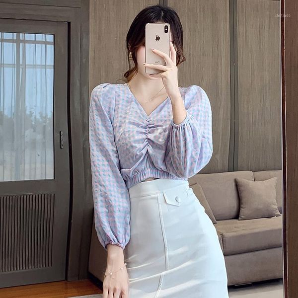 

women's blouses & shirts blouse casual chic style elastic woman blusa spring summer purple women plaid v-neck long sleeve shirt, White