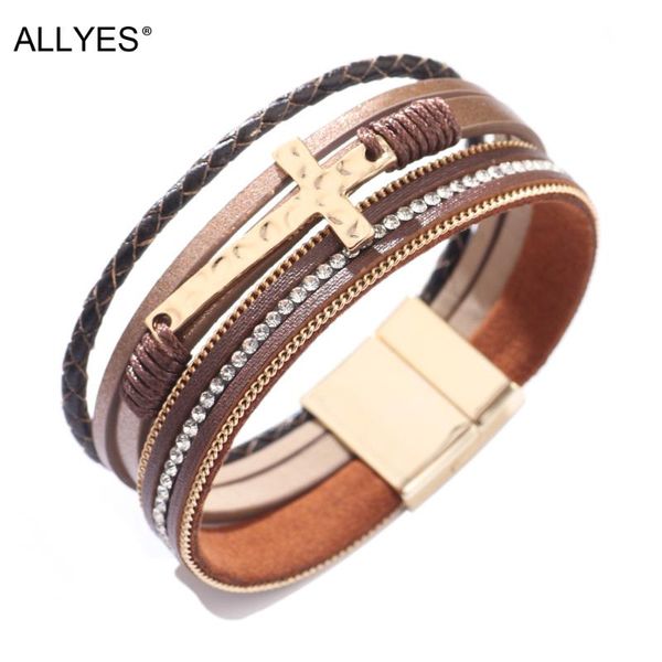 

tennis allyes multilayer cross charm leather bracelets for women fashion rhinestone wrap bracelet bangle female religious jewelry gifts, Golden;silver