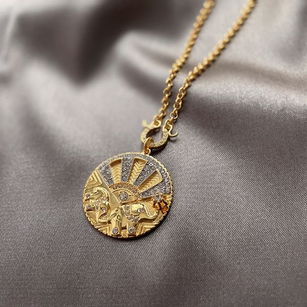 

korean east gate design sense gold coin elephant brass necklace female european and american net red ins round pendant clavicle chain, Silver