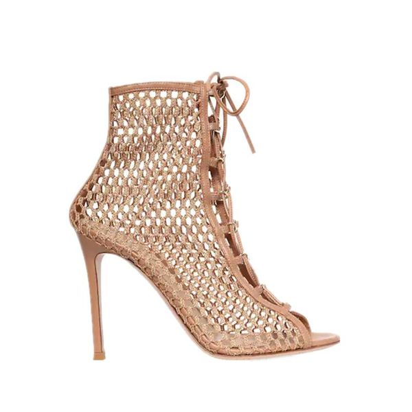 

hollow high heel women's roman mesh lace sandals summer open toe up sandal, Black
