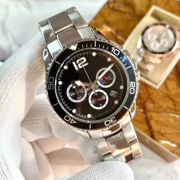 

mens watches quartz movement hydro all dial work chronograph watch conquest stainless steel strap satch 43mm case rotate waterproof wristwat, Slivery;brown