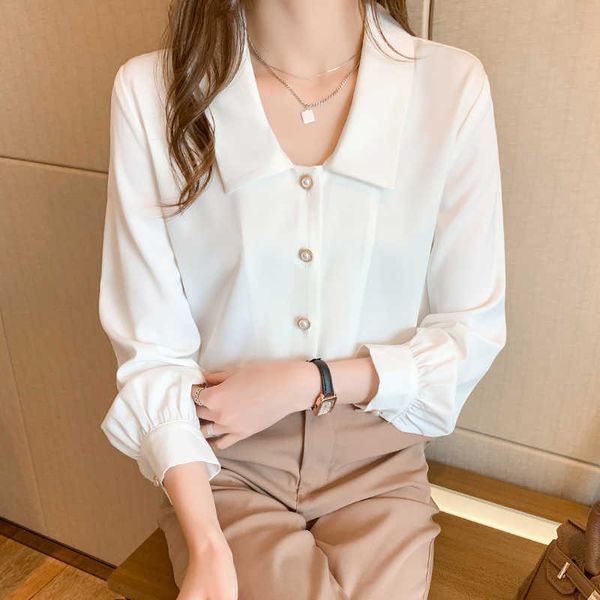 

korean women shirts chiffon blouses for long sleeve ladies white woman beading blouse v-neck shirt xxl 210604