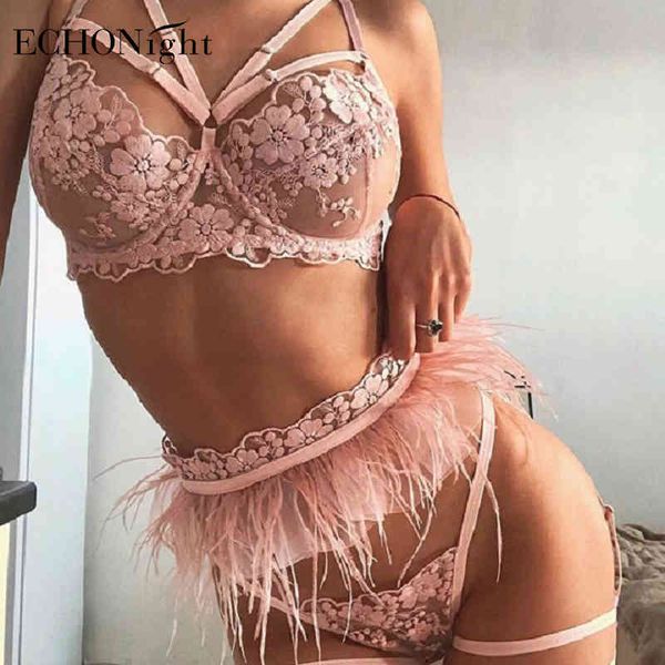 Echonight pena lingerie lingerie bordado bordado sutiã e partido conjunto sexy mulheres cueca sutiã 3 pedaço conjunto lingerie set sexy atacado x0526