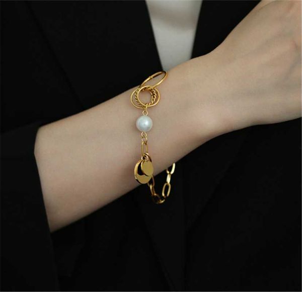 

link, chain 316l stainless steel gold round bracelet baroque pearl multilayer no fade, Black