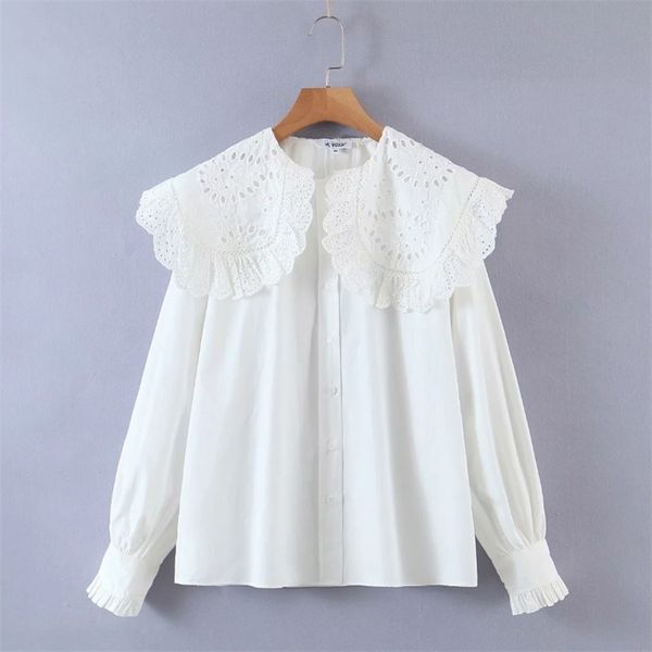 

women hollow embroidery turndown collar white shirts female long sleeve blouses casual lady loose blusas s8277 210412