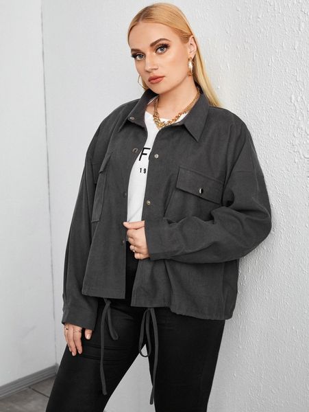 

plus solid flap pocket button up drawstring hem jacket n9br#, Black
