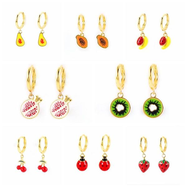 

hoop & huggie boako 2021 trend 925 sterling silver earrings for women summer enamel fruits loop piercing pendientes party gift, Golden;silver