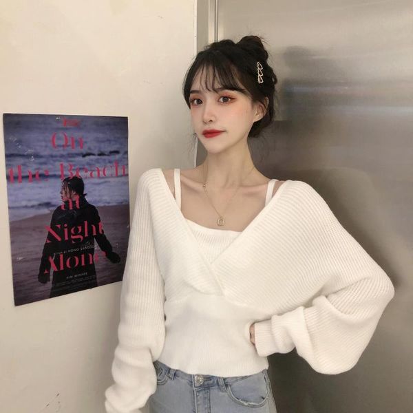 

fashion v-neck fake two-piece long-sleeved sweater knit autumn female korean version waist all-match women's sweaters, White;black