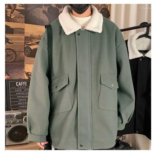

men's jackets autumn winter thick cotton coat loose long sleeve solid color lamb wool fashion jacket casual male zipper plus velvet, Black;brown