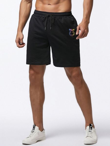 

romwe guys smile graphic drawstring shorts 7'' l7pc#, Black