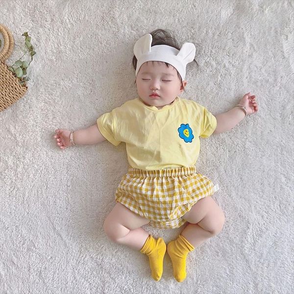

0 4years newborn baby boy girl summer clothes short sleeve pullover t shirt plaid shorts bottom 2pcs clothing set, White