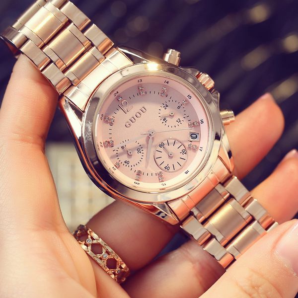 

guou three eye steel multifunctional women's quartz wind band calendar fashion watch women, Slivery;brown