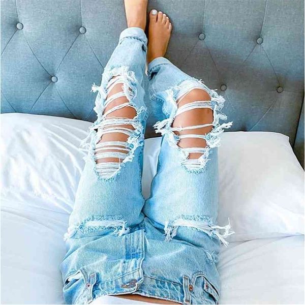 

ladies streetwear jeans casual straight leg high waist loose fitting ripped holes thin women denim trousers feminino 210924, Blue