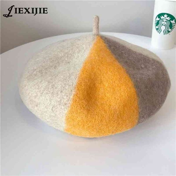 

winter warm charm stitching color pure wool women beret french beanie hat cap for female retro wild fashion accessory gifs 210429, Blue;gray