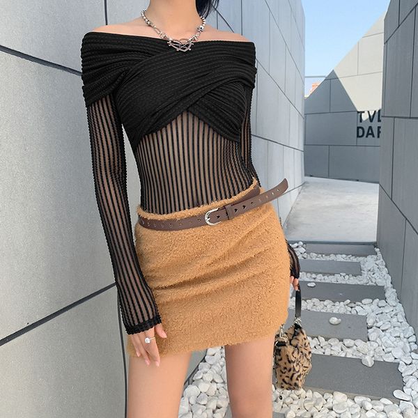 

women solid striped bodysuit fashion ladies transparent mesh playsuits streetwear female chic cross 210430, Black;white