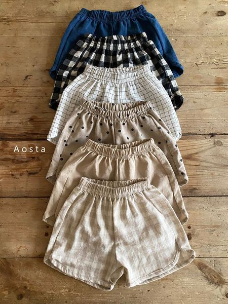 

children's summer clothes boys girls linen cotton cute korean foreign grid loose leisure shorts kids pants, Black
