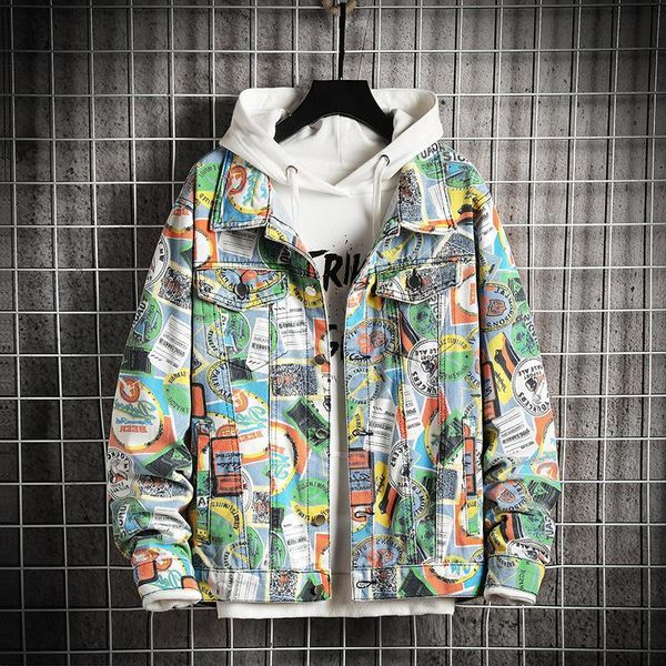 

men's jackets autumn graffiti denim jacket fashion casual bomber punk street clothing clothes spring yl8f, Black;brown