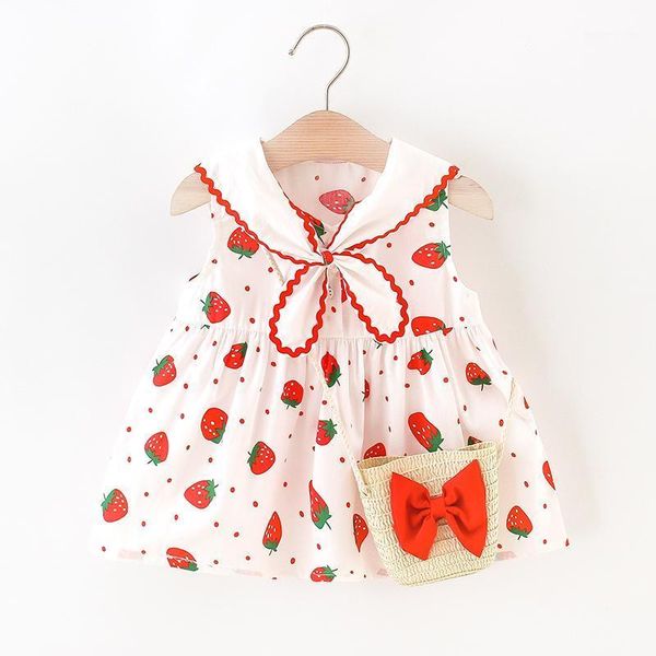 

girl's dresses baby girl beach princess dress cute bow strawberry print sleeveless cotton summer toddler + bag 2pcs children's clo, Red;yellow
