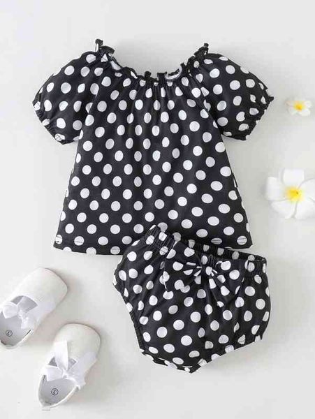 

baby polka dot frilled puff sleeve tee & bow front shorts she, White