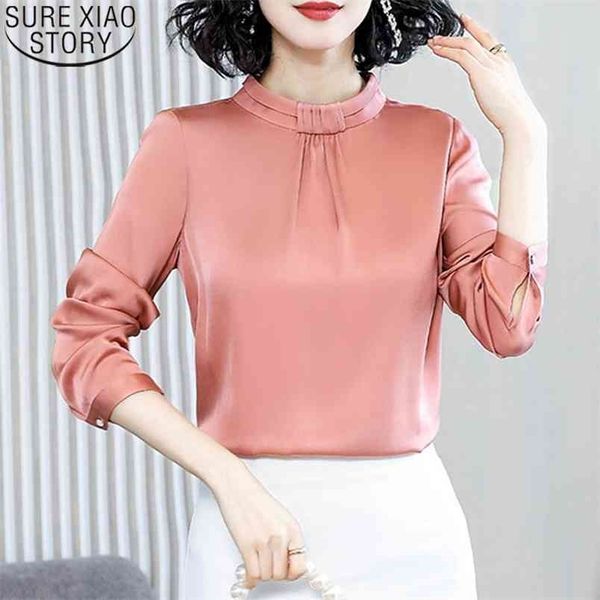 

office lady women blouse stand collar korean clothes spring silk satin long sleeve plus size blusas 13045 210506, White