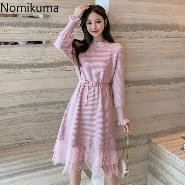 

nomikuma temperament knitted dress autumn winter slim waist mid-length sweater dresses gauze patchwork robe femme 3d428 210514, Black;gray