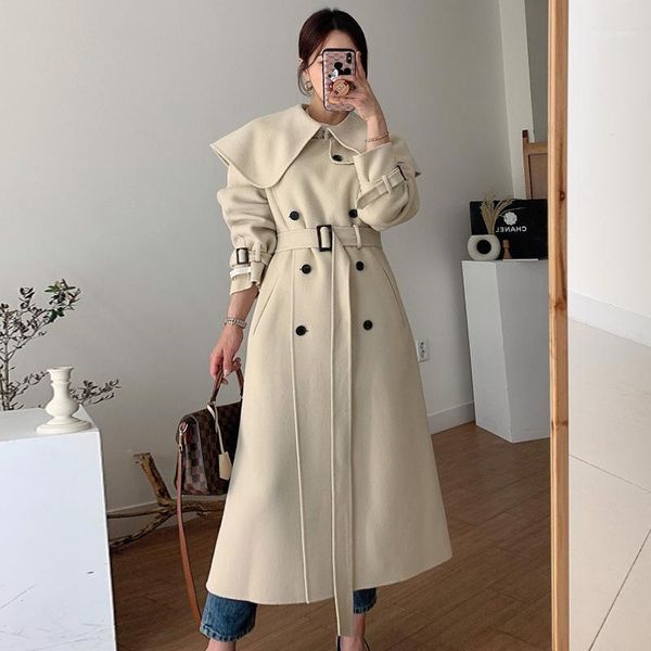 

women's wool & blends [ewq]2021 winter over knee style turn-down collar double breasted solid color straight minimalist lace up woolen, Black