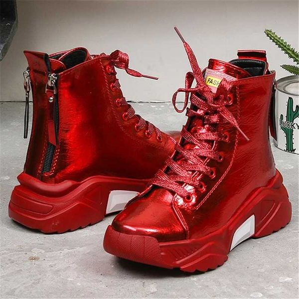 

boots 2021 spring autumn women platform ankle fashion black red 5cm wedges short chunky patent leather botas mujer