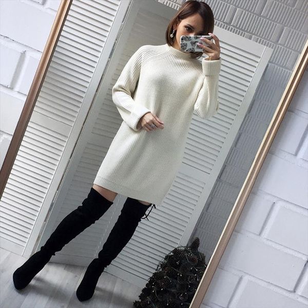 

autumn winter solid knitted cotton womens dress sweater fashion loose o neck pullover female vestidos feminino, Black;gray
