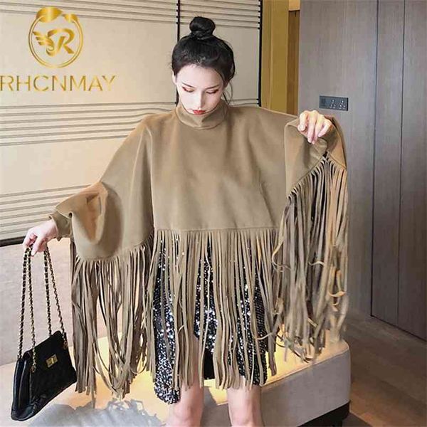 

autumn winter women overcoat manteau fashion streetwear batwing sleeve faux mink cashmere tassel cloak coat 210506, Black