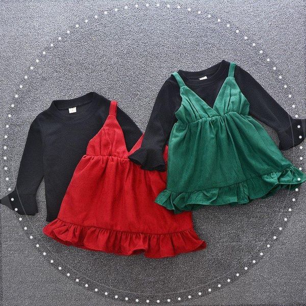 

girl's dresses 2 color vogue formal girls clothes suspender ruched solid dresses+black flare sleeve shirt 2pcs children sets, Red;yellow