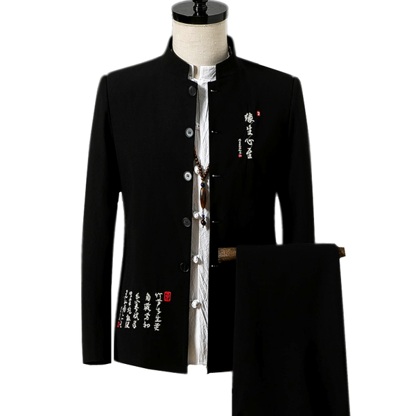 

retro style embroidered two-piece set mens large size men jacket and trousers black khaki gray blue coat pants 4xl men's suits & blazer, White;black