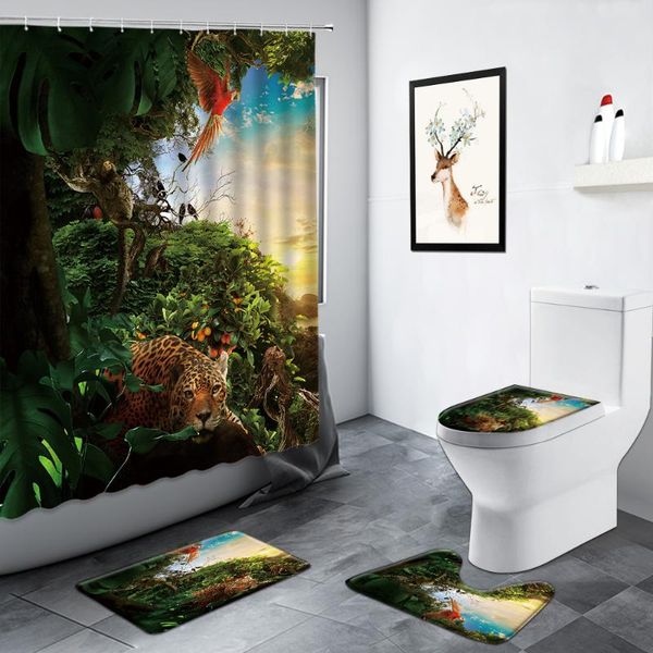 

shower curtains waterproof tropical jungle leopard parrot green plant leaf print carpet non-slip mat bathroom decor bath set