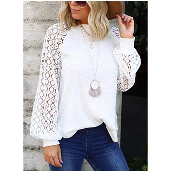 

women's blouses & shirts spring autumn style women blouse solid color casual beautiful lace shirt stitching o-neck long-sleeved lady wh, White