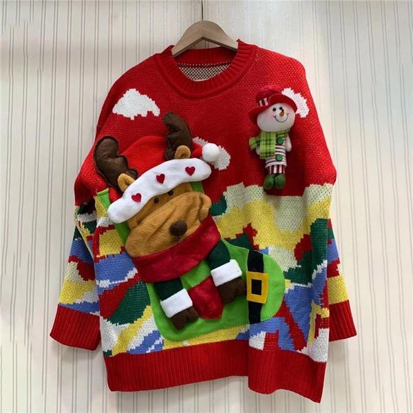 

women's sweaters 2021 autumn and winter round neck pullover knitted sweater christmas redreindeer three-dimensionaldecorative, White;black