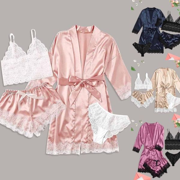 

women's sleepwear satin lace pajamas sets womens 4pc strap pants suit 2021 spring summer home wear nightwear bath gown s-3xl, Black;red