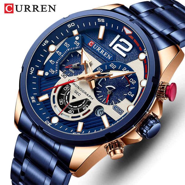 

watches mens 2021 curren brand luxury casual steel quartz men's watch business clock male sport waterproof date chronograph, Silver
