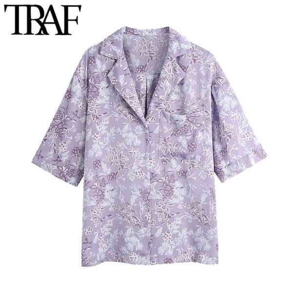 

women fashion printed button-up asymmetry loose blouses vintage short sleeve side vents female shirts chic 210507, White