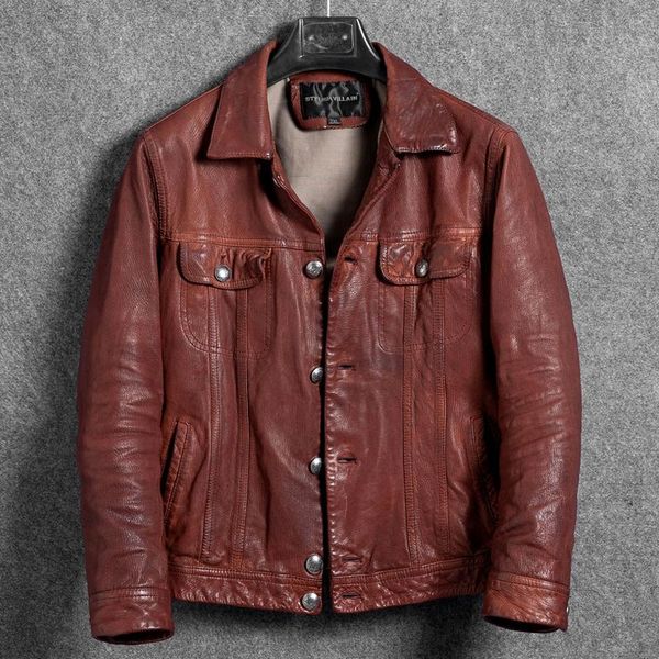 

men's leather & faux vintage kid skin slim fit real jacket short do old red casual motorcycle men biker youth, Black