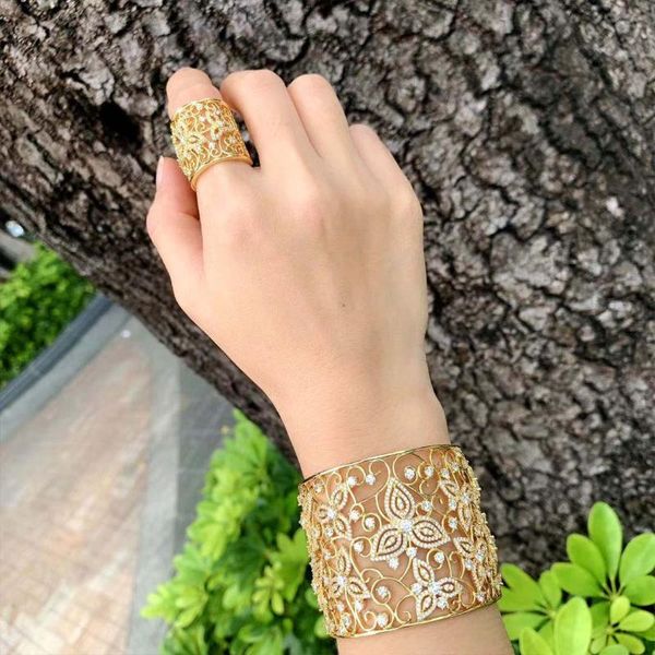 

earrings & necklace godki luxury hollow flower cubic zirconia fashion super copper women party engagement width bangle and ring set, Silver