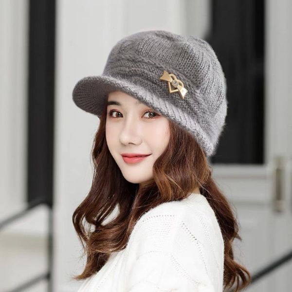 

berets fashion knitted hats with brim winter warm multicolor thick add fur lined soft beanie cap for women girls solid color wool, Blue;gray