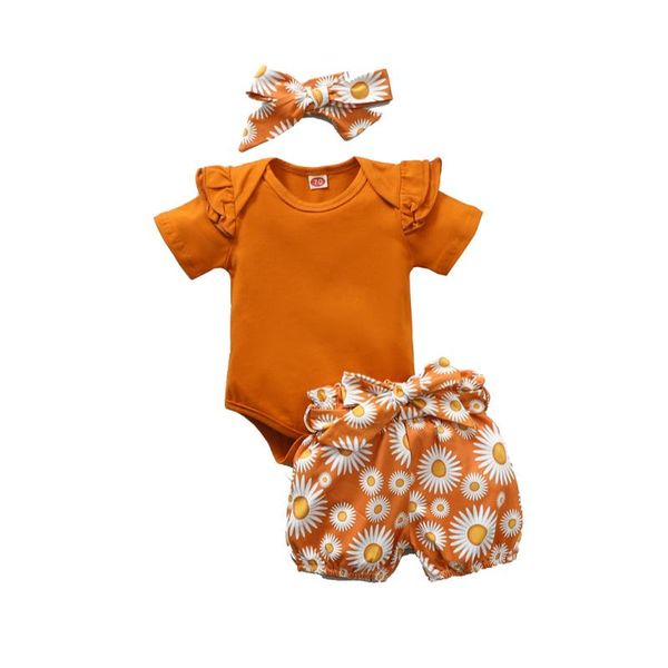 

wenazao born toddler baby girls summer outfits set round collar short sleeve romper floral printed shorts waistband headband clothing sets, White