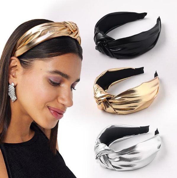 

hair accessories colorful pu leather gold silver black headband for women girls solid wide knot hoop hairband