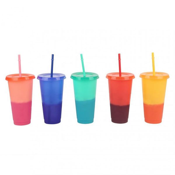 

mugs 700ml color changing cold cups reusable straw cup plastic tumbler with lid coffee colorful drinkware