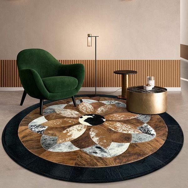 

luxury hand stitching cowhide round carpet 100% natural genuine leather jute rug custom large carpets american style