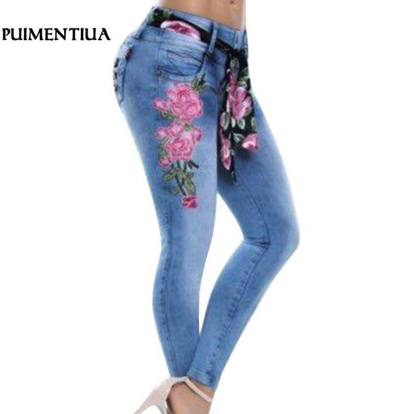 

women's jeans puimentiua 2021 women stretch high waist skinny embroidery floral print denim pencil pants female trousers plus size 5xl, Blue
