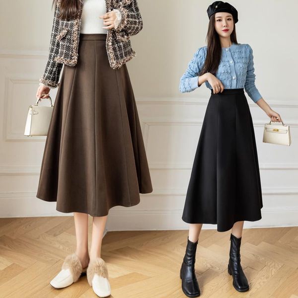 

skirts vintage woolen winter skirt female a line high waist loose plus size casual 2021 fall woman midi long korean saias, Black