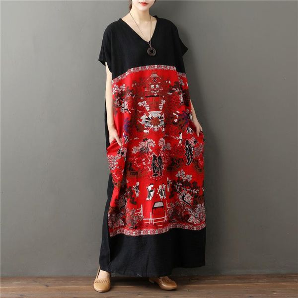 

casual dresses women loose patchwork v neck dress ladies plus size spliced cotton linen female summer iysk, Black;gray